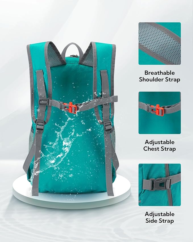 WATERFLY Hiking Packable Daypack Backpack: 25L Ultra Lightweight Day Pack for Women Men - Small Compact Folding Back Pack for Outdoor Sport Cycling Camping Travel Trip - Turquoise