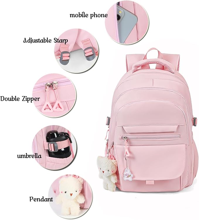 PRLINJSK Girls Backpack for College High Middle School Student, Cute Aesthetic Bookbag for Teens Women with Accessories,Pink