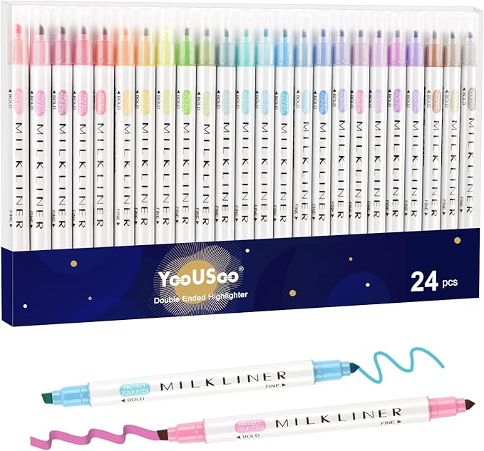 YOOUSOO Highlighters Assorted Colors, 24 Pastel Highlighters, Unique Retro Colors, Quick Dry Dual Tip and Fine Tip No Bleed Highlighter Markers for Bible Journals Planners Books Notes