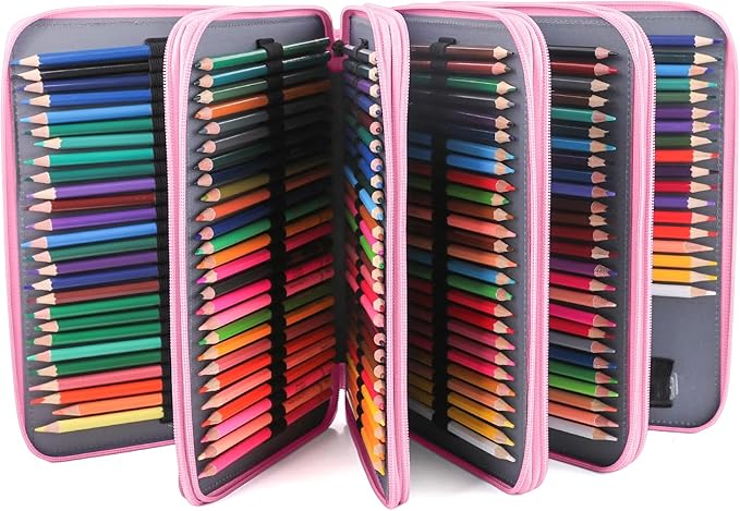 Vomgomfom 252 Slots Pencil Bag, 5-Layer Zipper Art Supply Organizer, PU Leather Portable Colored Pencil Case with Handle for 252 Watercolor Pens, Gel Pens (Pink Rose)