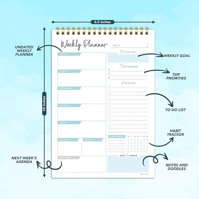 Decorably 52 Sheets Blue Undated Weekly Planner Notepad - 6.5x10in Spring-Bound, Easy Tear-Off Design, with Focus, Priorities, to-do List, Habit Tracker & Notes - Home, School, Office