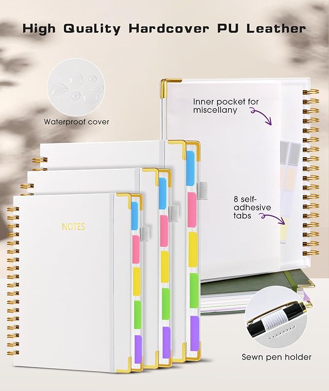 Hardcover Spiral Notebook journal with Removable Dividers Tabs, 300 Pages Leather 5 Subject Notebook College Ruled, 100GMS Notebooks for Work School Note taking,Lined Journal for Women,A5 White