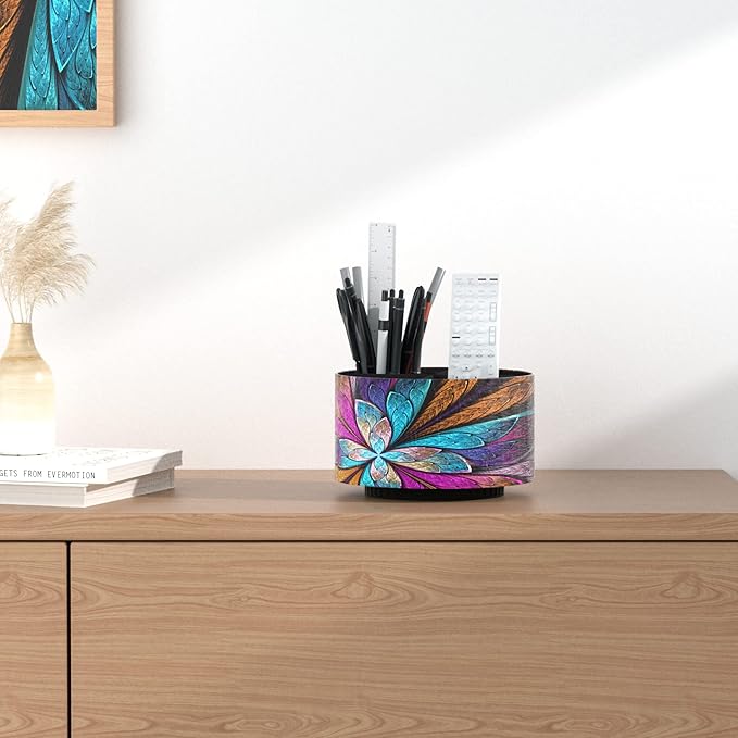 Round Leather Art Supply Organizer,Remote Control Holder,360 Degree Rotating,Multi-Functional Pencil Holder,4 Compartments Desktop Stationary Organizer(1-Fractal Flower) | Round, 360 Degree Rotating, Multi-Functional, Desktop