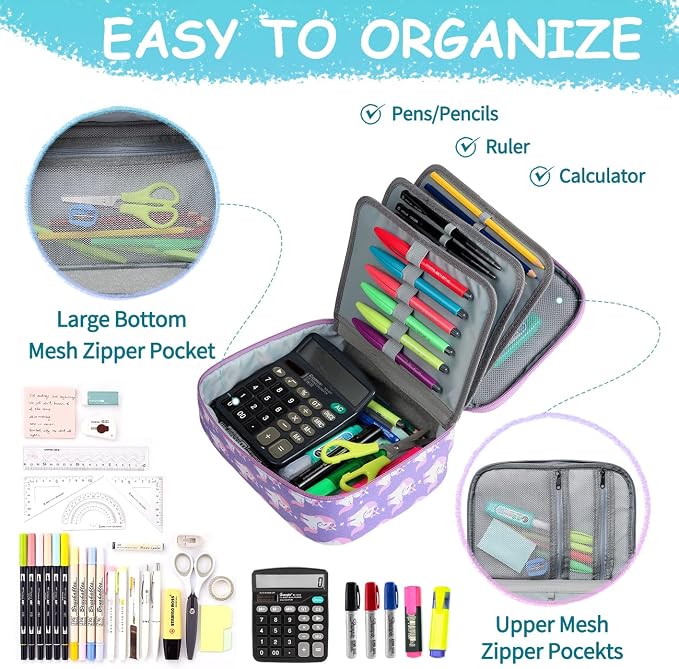 VASCHY Large Pencil Case, Art Color Pencils Pouch with Detachable Layers Multiple Zip Pockets for School Office Stationary Organization Purple Unicorn