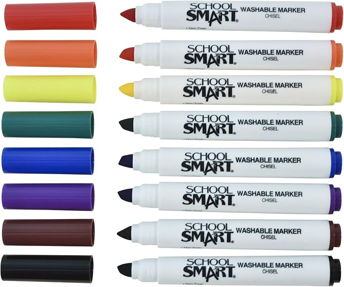 School Smart Chisel Tip Washable Markers for School, Home, and More, Assorted Colors, Pack of 8