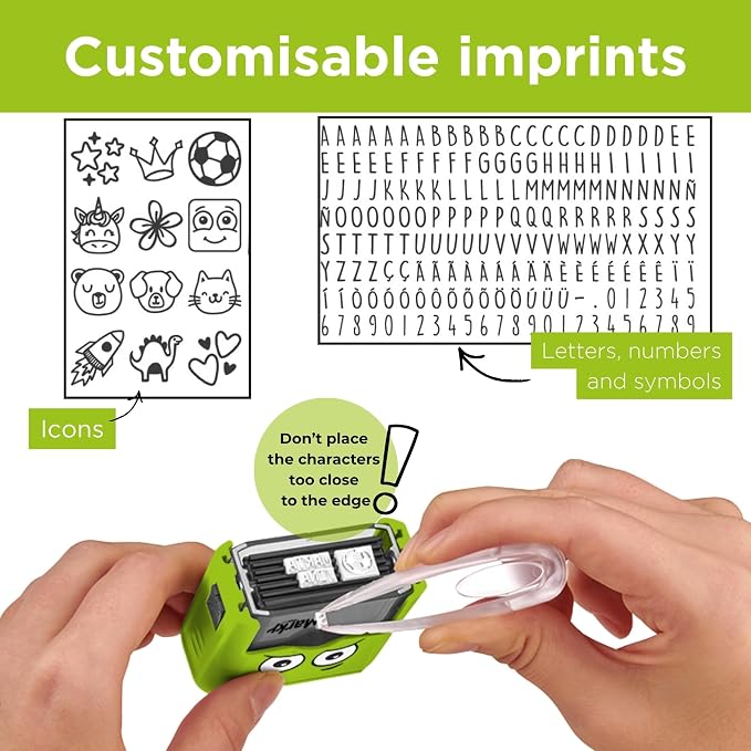 COLOP Marky Personalized Kids Name Stamp, Suitable for All Surfaces, Green | Permanent Waterproof Clothing & Fabric Labeling, Clothing Stamp For Kids, Schools, & Daycare, Includes Labels and Thermo Tape