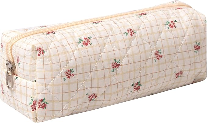 Pencil Case Office College School Storage Bag Pouch Holder Box Organizer Makeup Pouch Cosmetic Bag Aesthetic Cute Pen Case for Girls Boys Kids (Checkered flower)