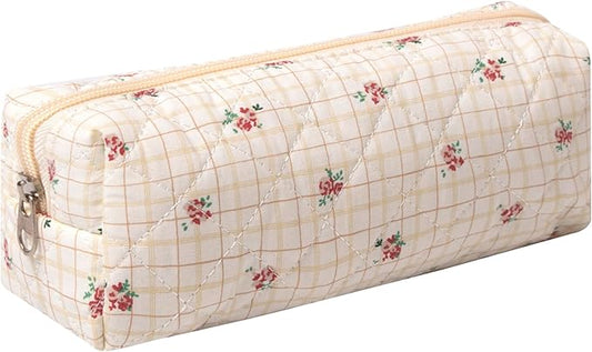 Pencil Case Office College School Storage Bag Pouch Holder Box Organizer Makeup Pouch Cosmetic Bag Aesthetic Cute Pen Case for Girls Boys Kids (Checkered flower)