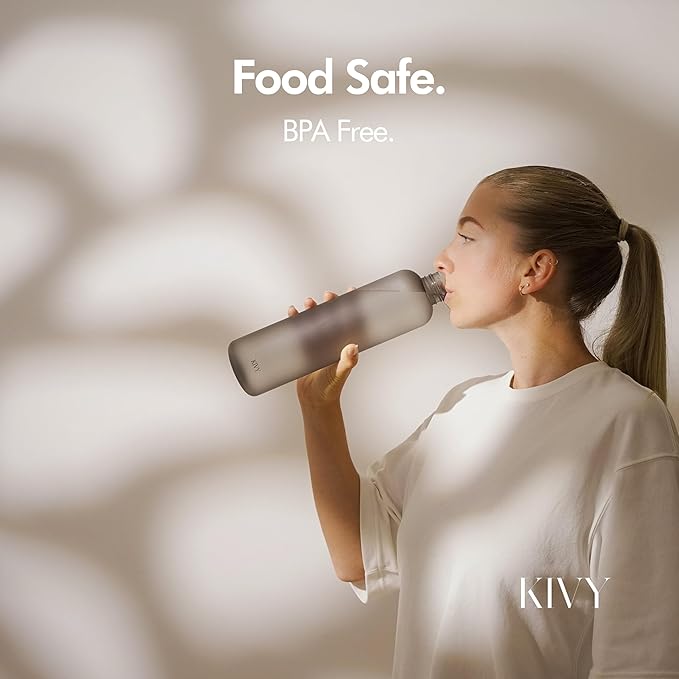 KIVY Slim Water Bottle 32oz [Lightweight & Shatterproof] Fits Backpack & Cupholder for Travel, Sports, School, Gym - Rose gold, Pink bottle no straw - Gym water bottle for women - Dishwasher Safe