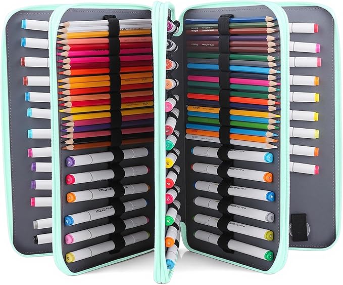 Vomgomfom 300 Slots Marker Bag, 4-Layer Zipper Portable Art Supply Organizer, PU Leather Large Capacity Marker Case Holds 100 Markers or 300 Colored Pencils with Handle (Green Rose)