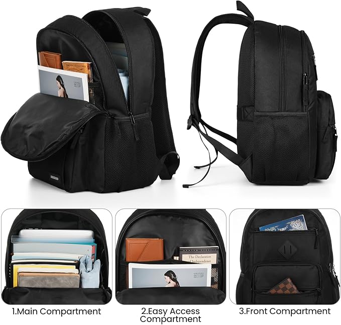 BIKROD Black Backpack for Men and Women, Backpack for School Teens Boys and Girls, Lightweight Casual High School Bookbag, Daily-use Travel Laptop Backpack Fits 17.3 Inch Notebook