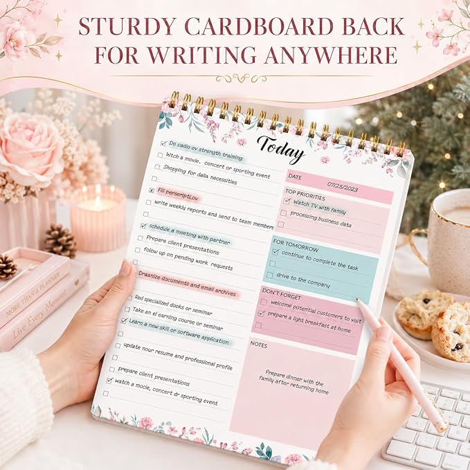 To Do List Notepad - Daily Planner Notepad 104 Pages Task Planner, 6.7" x 9.8" Double Sided Spiral Notebook with Checklist Productivity Planning Pad for Work Office Home-Pink