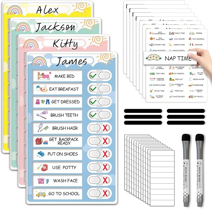 4 in 1 Namable Chore Chart for Kids, Dry Erase Morning/Bedtime Routine Chart for Kids for Refrigerator, Magnetic Visual Schedule for Kids Toddlers to Do List Checklist for Multiple Kids