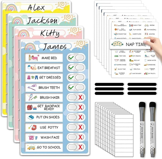 4 in 1 Namable Chore Chart for Kids, Dry Erase Morning/Bedtime Routine Chart for Kids for Refrigerator, Magnetic Visual Schedule for Kids Toddlers to Do List Checklist for Multiple Kids