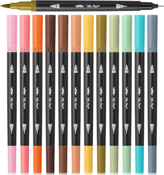 Mr. Pen- Dual Tip Brush Pens, 12 pcs, Assorted Colors, Fine & Brush Tip Markers for Adult Coloring Markers for Adults