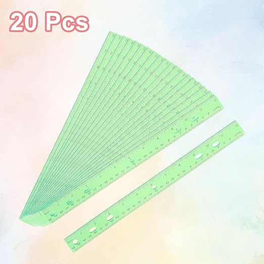 HARFINGTON 20pcs Plastic Rulers 12" (30cm) Clear Straight Ruler Measuring Tool Inches and Centimeters with Hole for Home Office Classrooms Drafting, Clear Green