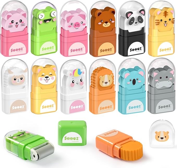 Sooez 12 Pack Pencil Erasers, Cute Animal Eraser with Clean up Roller and Cover, Latex-Free, Bulk Art Drawing Erasers for Teens & Teacher Classroom/School Supplies, Party Favor