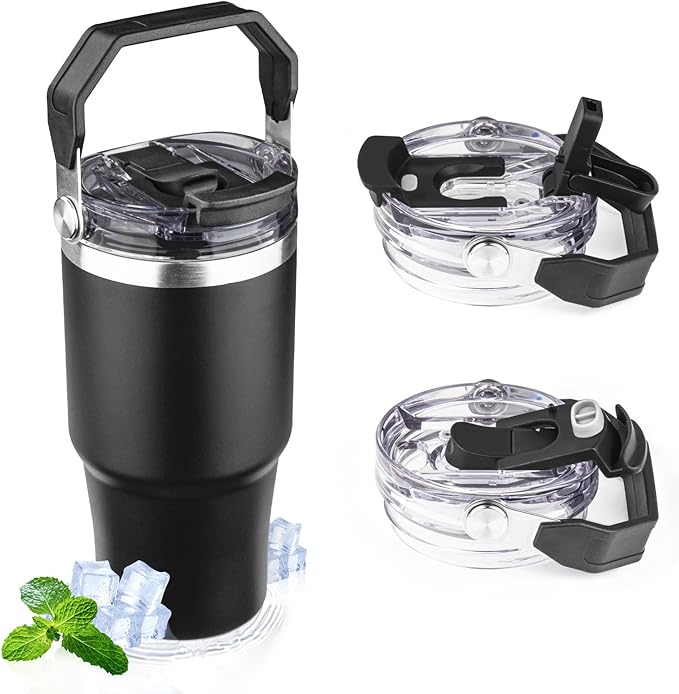 20oz Tumbler with Handle and Flip Straw Lid Double Wall Insulated Travel Coffee Mug Stainless Steel Vacuum Insulated Coffee Tumbler Cup for Hot and Cold Beverages,Leak-proof&BPA-free (20oz,Black)