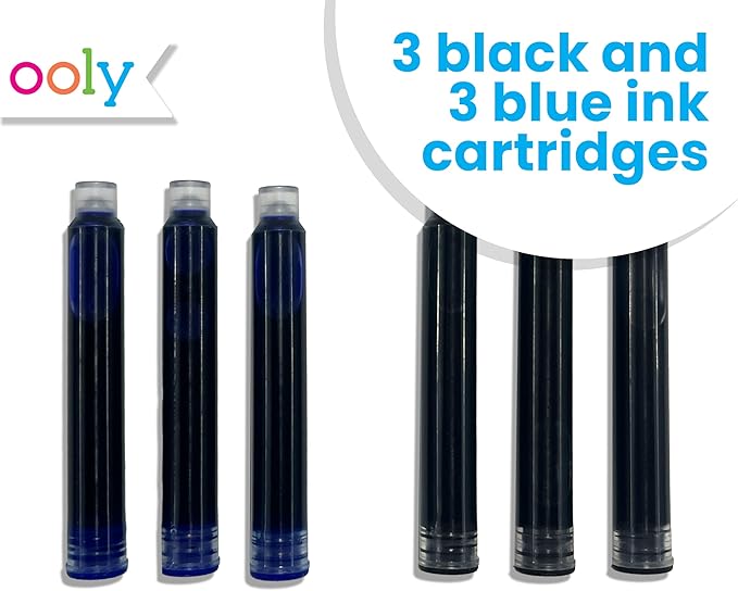 Ooly Set of 6 Black and Blue Fountain Pen Ink Refills, Includes 3 Black and 3 Blue Refills Compatible with Ooly Fountain Pens Only, School Supplies