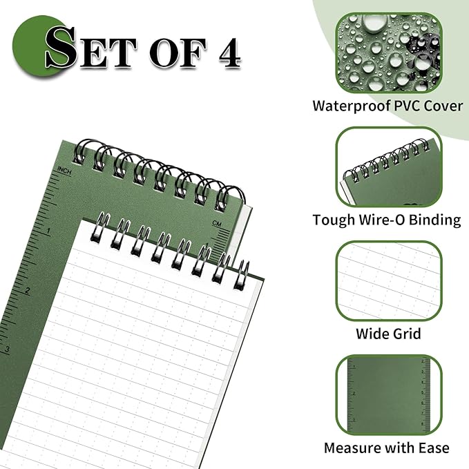 COIDEA Waterproof Notebook, 4 Pack Top-Spiral Pocket Notepad, 3" x 5" Weatherproof NotePad, Police Pocket Notebook Memo Steno Note Pads for Outdoor Office School Recording, Army Green