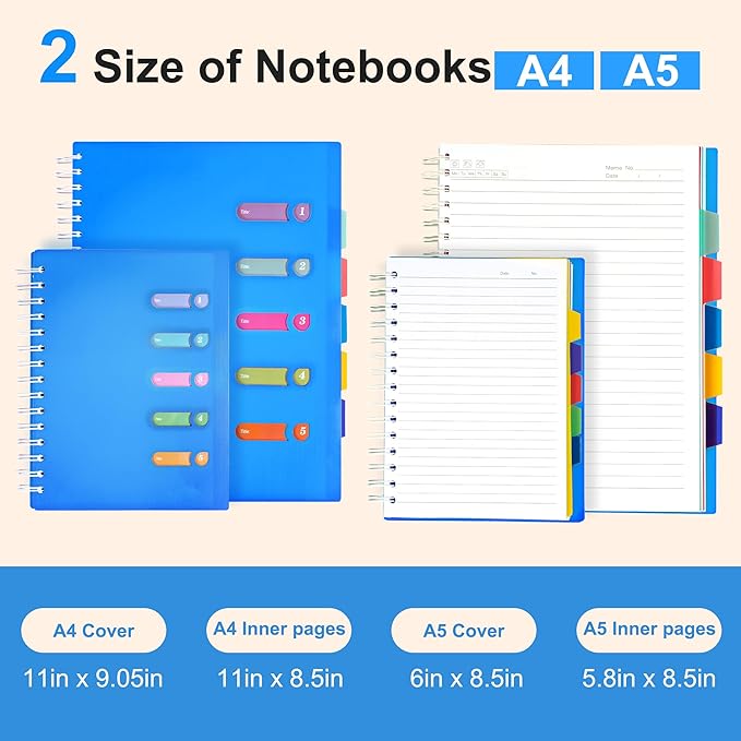 Yoment 5 Subject Notebook College Ruled Spiral Notebook 5x7 with Removable Dividers 270 Pages Notebooks for Work Multi Subject Notebook with 5 Tabs Organizer Notebooks for Note Taking School, A5 Blue