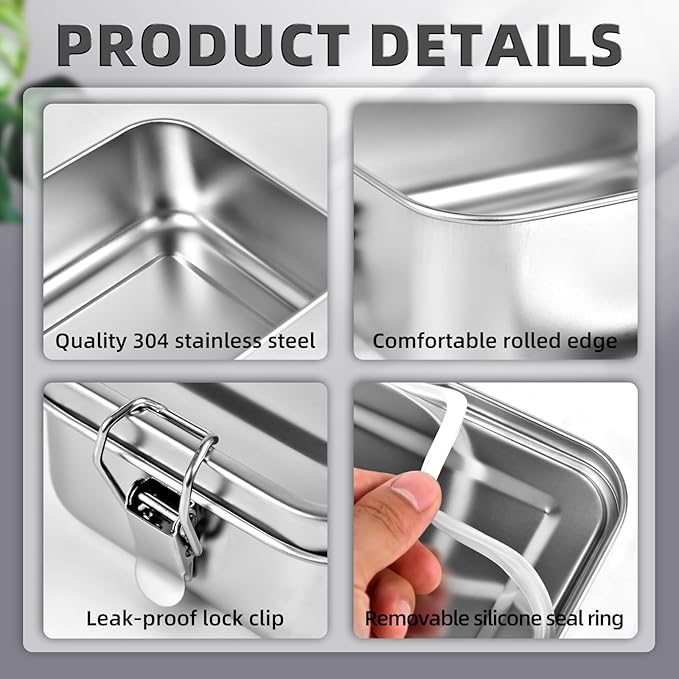 4 PCS Stainless Steel Bento Box 2400ml, Metal Bento Box, Metal Lunch Box, Food Containers, Stainless Steel Lunch Container for Home, Work, Camping