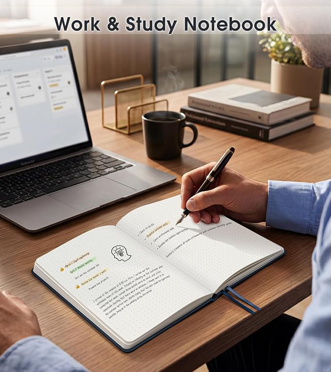 Dotted Journal Notebook, A5 Leather Hardcover, 160 Pages, 180° Lay-Flat Binding, 100 GSM Thick Paper, Dot Grid for Bullet Journaling, Planning & Daily Organization (Navy)