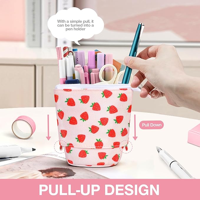 Cute Standing Pencil Case Pen Holder for Kids, Pop Up Stand UP Bubble Tea Pen Organizer Kawaii Stationary for Christmas Holiday New Year Office (Strawberry)
