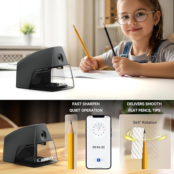 Electric Pencil Sharpener for 6 to 8 mm Pencils Helical Blade Fast 4 Second Sharpening Large Shavings Bin Non Slip Feet Safe Design for Classroom Office and Home(S1131)