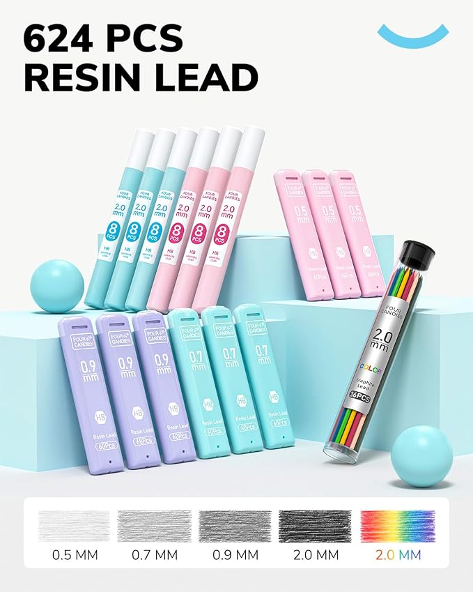 Four Candies 36PCS Mechanical Pencil Set with 624 Lead Refills (Light Blue) | 0.5mm, 0.7mm, 0.9mm & 2.0mm Mechanical Pencils, Aesthetic School Supplies for Writing, Drawing, Drafting and Note-Taking