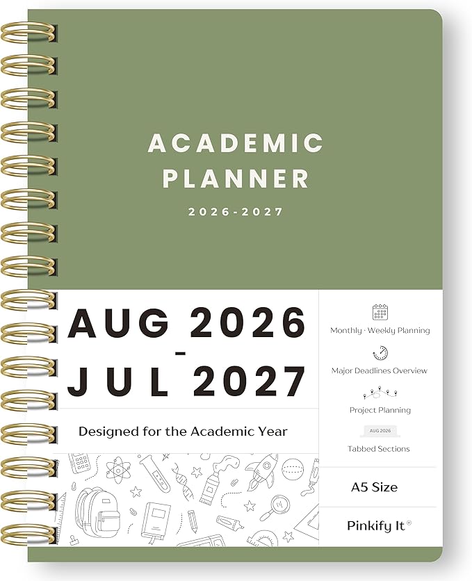 Academic Planner Aug 2026-Jul 2027, A5 Size, Student Planner with Monthly & Weekly Layout, Spiral Planner with Tabs, Class Schedule, Major Deadlines & Project Planning (Green)