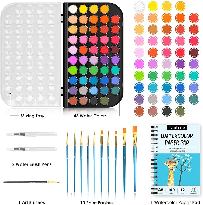 Taotree Watercolor Paint Set, Watercolor Workbook, Water Coloring Book, 48 Colors Watercolors Kit Water Colors with 10 Paint Brushes, Palette, Brush, Drawing Pad, Painting Supplies for Adults Artist