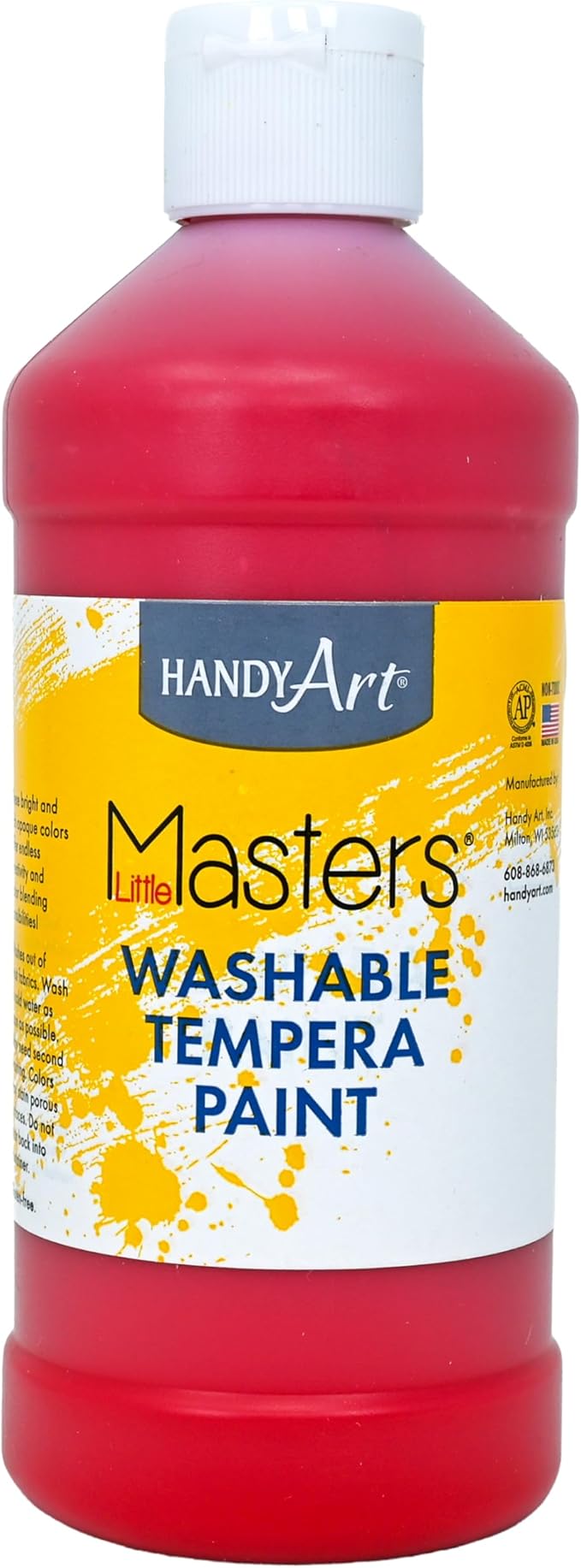 Handy Art Little Masters Washable Tempera Paint, Red, 16 oz Bottle, Bright & Mixable, High Opacity, Washable Colors for Classroom, Students, Kids, Young Artists, Safe & Non-Toxic, Made in USA