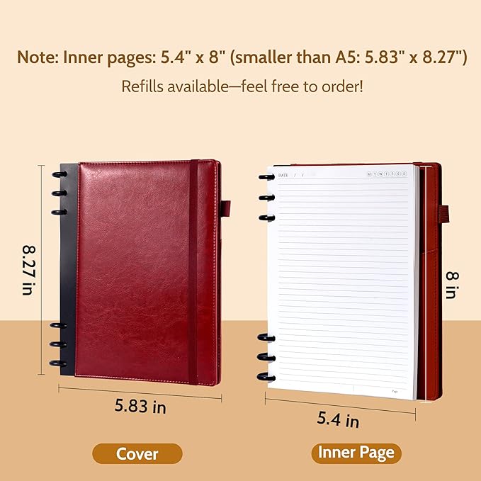 Refillable Notebooks for Work Discbound: Hardcover Notebook with 5 Subject Removable Dividers Tabs Colleged Ruled Small Journal for Writing Women Men 224 Pages,Dark Red