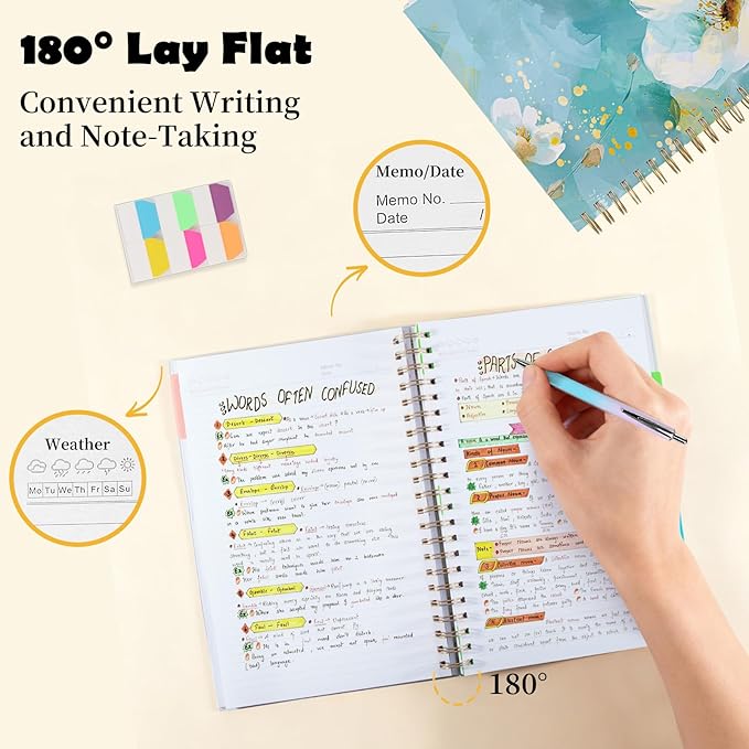 5 Subject Notebook College Ruled, A5 Spiral Notebook with Removable Pocket Dividers Tabs, Lined Organizer Notebook Journal for Women, 240 Pages Notebooks for Work School Note Taking, Green Floral