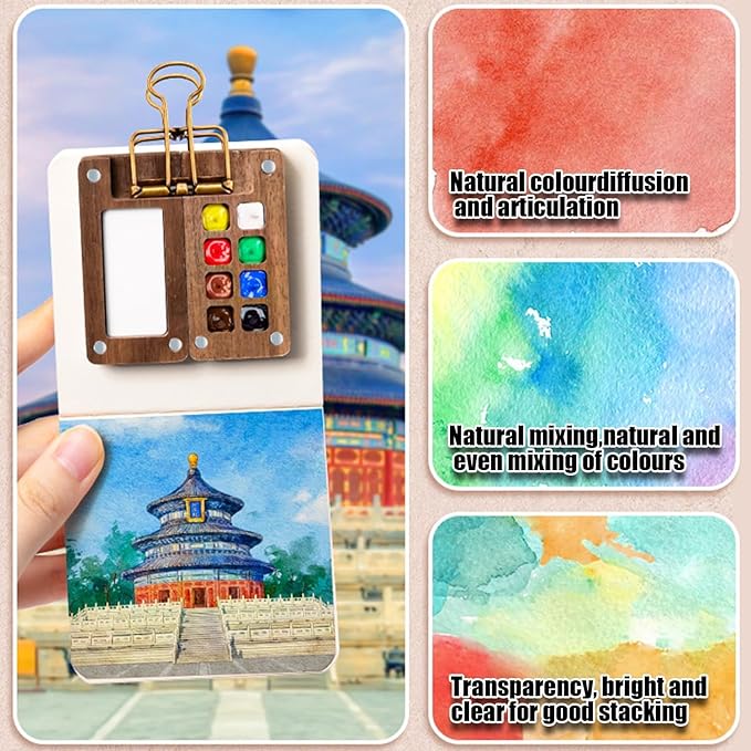 Mini Wooden Watercolor Paint Set - Pocket Travel Art Kit with 12 Colors, Portable Palette with Brushes, Clip, Sketchbook, Wristband, Cup, Storage Bag & Bookmarks, Gift for Art Lovers Artists