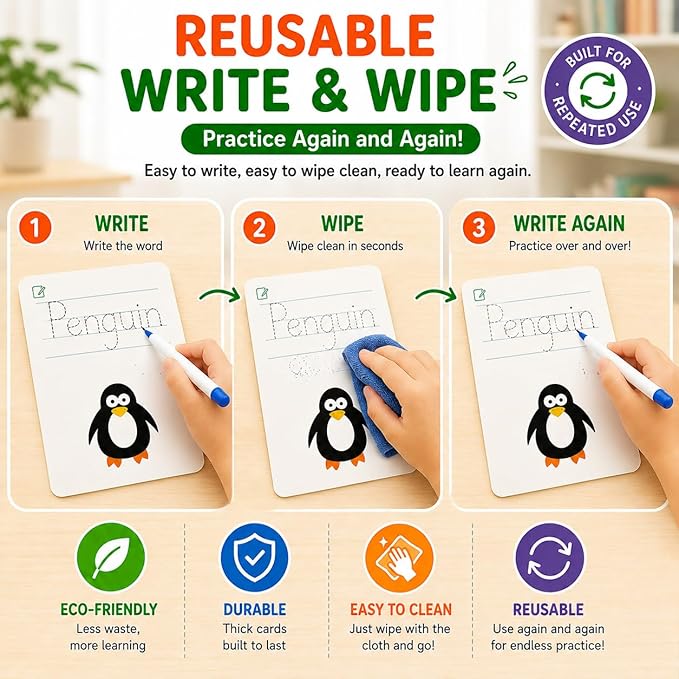 Write & Wipe Activity Cards for Kids, Reusable Tracing Flash Cards, Preschool Handwriting Practice Set, Letter Number Math Learning Activities Ages 3-6 (Sight Words)