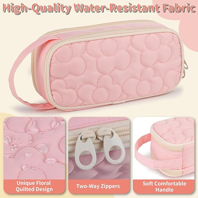 Pencil Case For Girls,Flower Quilted Large Capacity Pencil Pouch With 2 Compartment, Zipper Pencil Bag With Handle, Women Soft Pencil Box For Middle School Office College