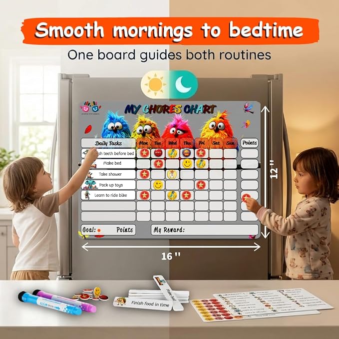 Mimi Doodle Magnetic Chore Chart for Kids – 16x12 Dry Erase Daily Responsibility Board for Fridge with 39 Chore tabs, 100 Reward Stickers – Behavior Chart for Kids at Home – Birds Theme