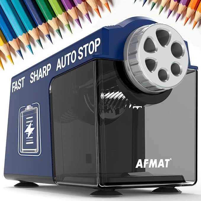 AFMAT Electric Pencil Sharpener for Classroom, 6 Holes, Cordless & Rechargeable, Super Fast, Auto Stop, 10K+ Uses, Heavy Duty Pencil Sharpener for 6-11mm No.2/Large/Colored Pencils PSD4(Blue)