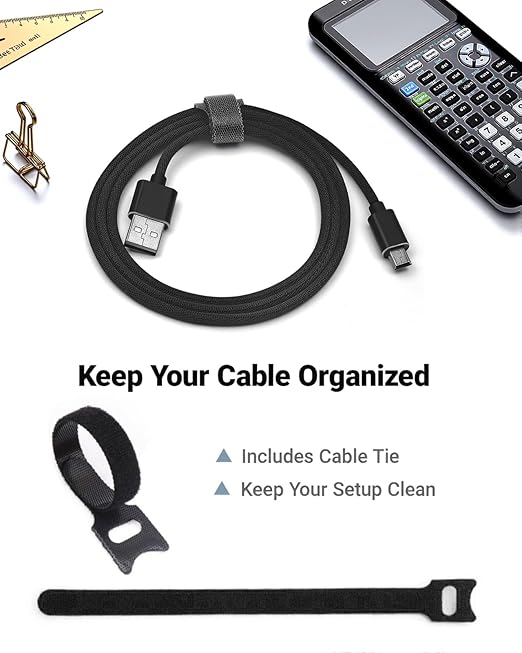 Mini USB Charger Cable for Texas Instruments TI-84 Plus CE/TI-84 Plus C Silver Edition/TI-89/TI-Nspire CX & CX CAS Graphing Calculators, Nylon-Braided 3FT Charging & Data Cord with Cable Tie