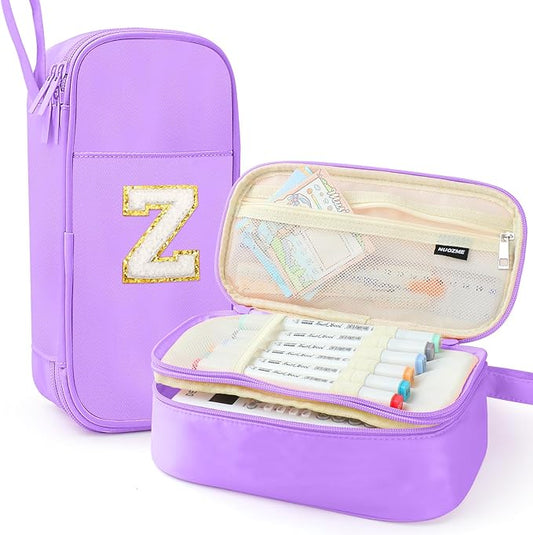 Large Pencil Case,Big Capacity Pencil Pouch,Personalized Initial Pencil Bag with smooth zipper,Multiple Pockets,Cute Aesthetic Stationery Pen Case Bag for Teen Girls College (Purple, Z)