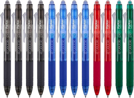 ParKoo Retractable Erasable Gel Pens Clicker Fine Point 0.7 mm, No Need for White Out, 4 Assorted Color Inks for Completing Sudoku and Crossword Puzzles, 12-pack