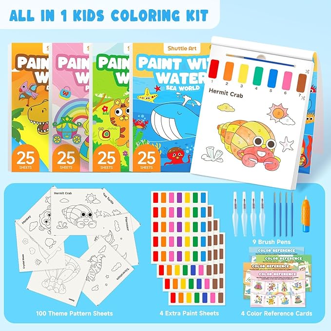 Shuttle Art Paint with Water Coloring Book for Kids, Pack of 4, 100 Sheets Watercolor Paint Set for Kids Ages 3-5, 4-8, Mess Free Travel Art Supplies, Birthday Christmas Craft Gift