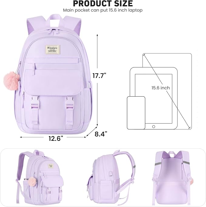 WINDARS School Backpack for Teen Girls, Cute College Backpacks for Women Students Aesthetic Bookbag Large 15.6 Inch Laptop Bag Middle School Travel Back Pack (Purple)