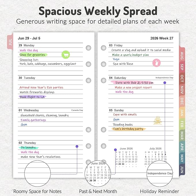 Forvencer 2026 Weekly & Monthly Planner Refills for A6 6-Ring Binders, July 2026 - Jun 2027, 6-Hole Punched Planner Inserts with Colorful Monthly Tabs, Pocket Calendar Organizers, 3-3/4" x 6-3/4"