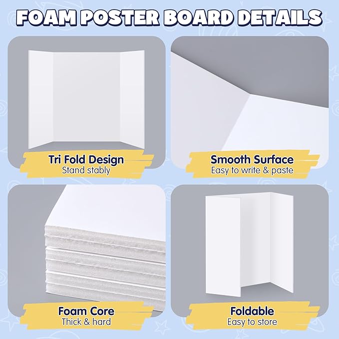 AKONEGE 3 Pack White Trifold Poster Board 24" x 16" Foam Core, Small Tri Fold Foam Poster Boards for Presentations, Science Fair Display, Photo Display, Office & School Projects, Event Exhibitions