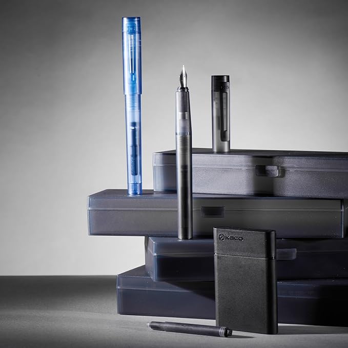 Kaco SKY Fountain Pen with Extra 8 Cartridges, Black Ink Pen with Extra Fine Nib and Ink Converter, Black
