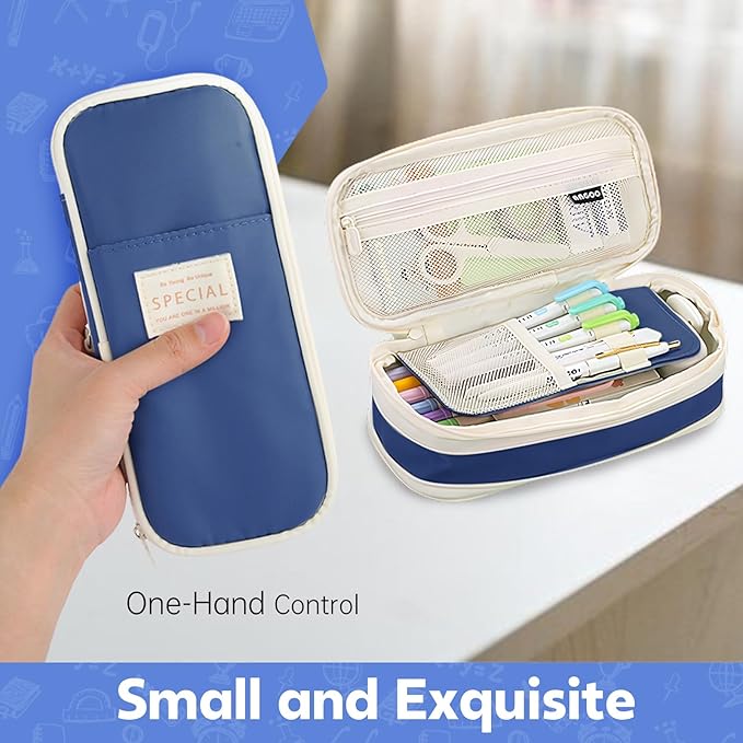 Pencil Case, Large Capacity Aesthetic Pencil Cases with Durable Zipper, Big Stationery Pencil Pouch for Women & Men , Adults Portable Storage Organizer Bag for College, office, Travel (Dark Blue)