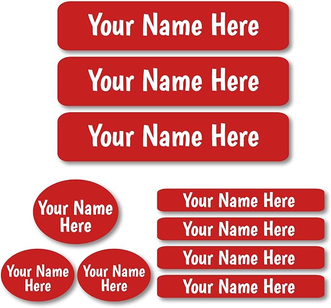 Lovable Labels Personalized Labels for Kids (85 Labels/Pack) - 3 Label Sizes Waterproof Dishwasher Safe Peel & Stick Labels for School Supplies Daycare Camp Clothing Bottles (Red)